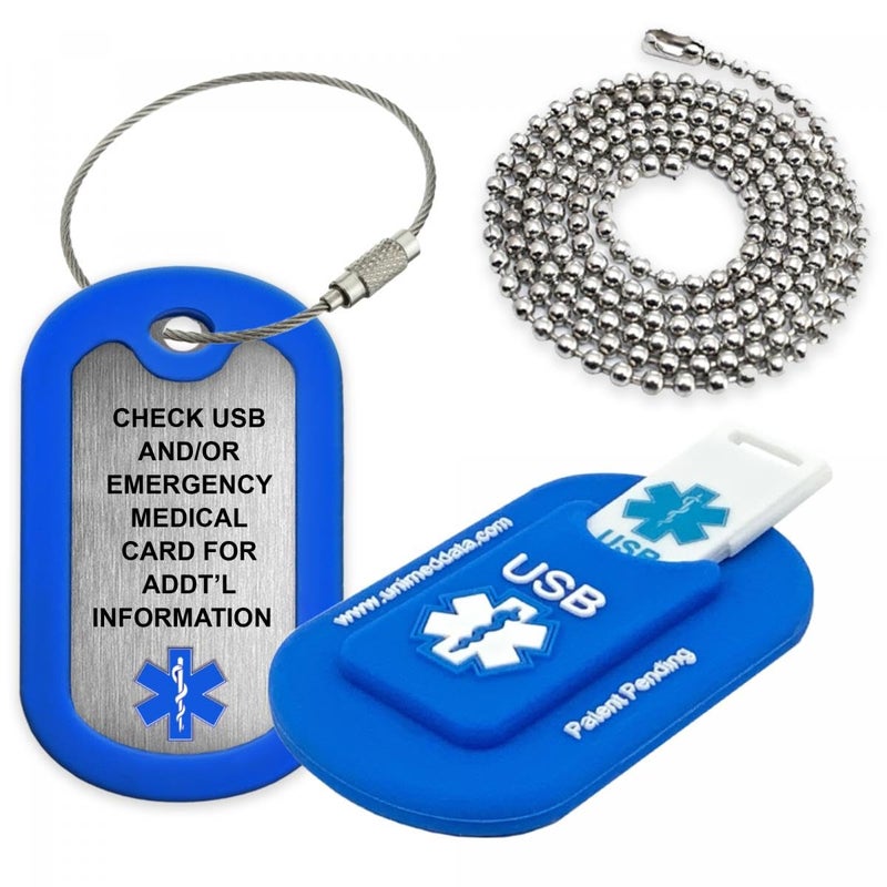Universal Medical Data Blue Informer Lite Medical Alert Dog Tag. Includes: 2GB USB, Pre-Engraved Stainless-Steel Dog Tag, 27" Chain and Key Ring Wire Rope. Complimentary Access PHR (Personal Health Record) - Image 1